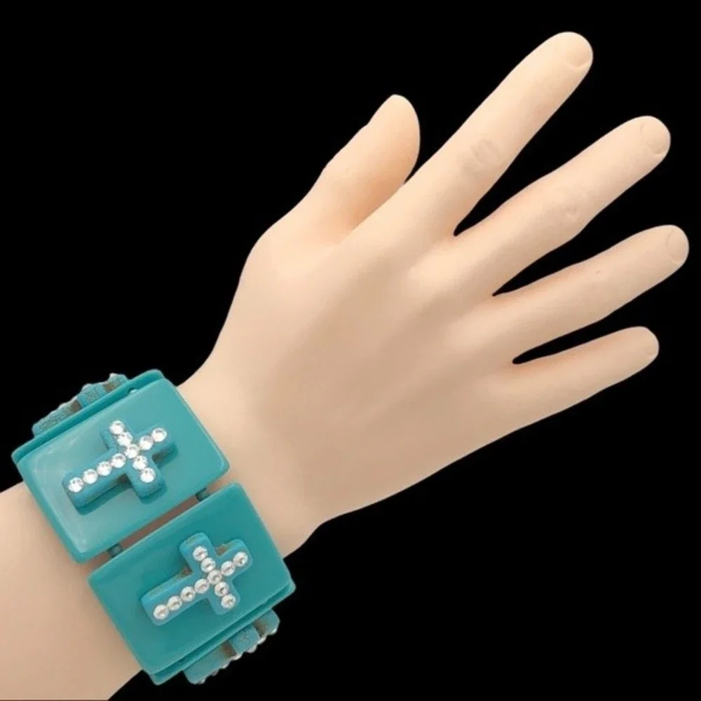 🌼 Turquoise Cross Wide Blue Panel Stretch Bracelet